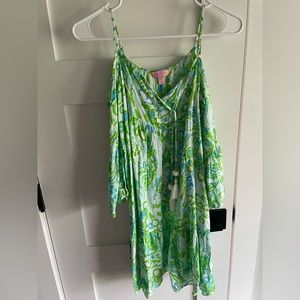 EUC Lilly Pulitzer XXS Alanna Dress Off The Shoulder Boho Tassels Green 21032